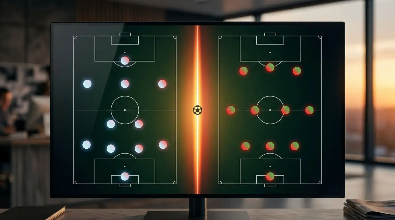 Naumhyggjulegur taktískur samsetningarmynd með tveimur byrjunarliðum: franska 4-2-3-1 í blárauðhvítum tónum vs marokkósk 3-4-3 í rauðgrænum tónum, aðskilinn með lóðréttri ljóslínu
